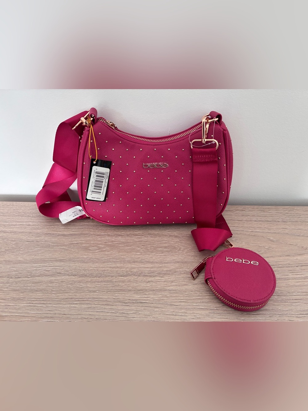 bebe Dark Pink Studded Crossbody Bag with Coin Pouch